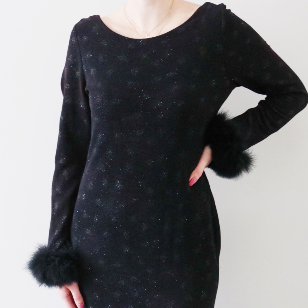 Vintage Black Gown with Feather Trim Sleeves
